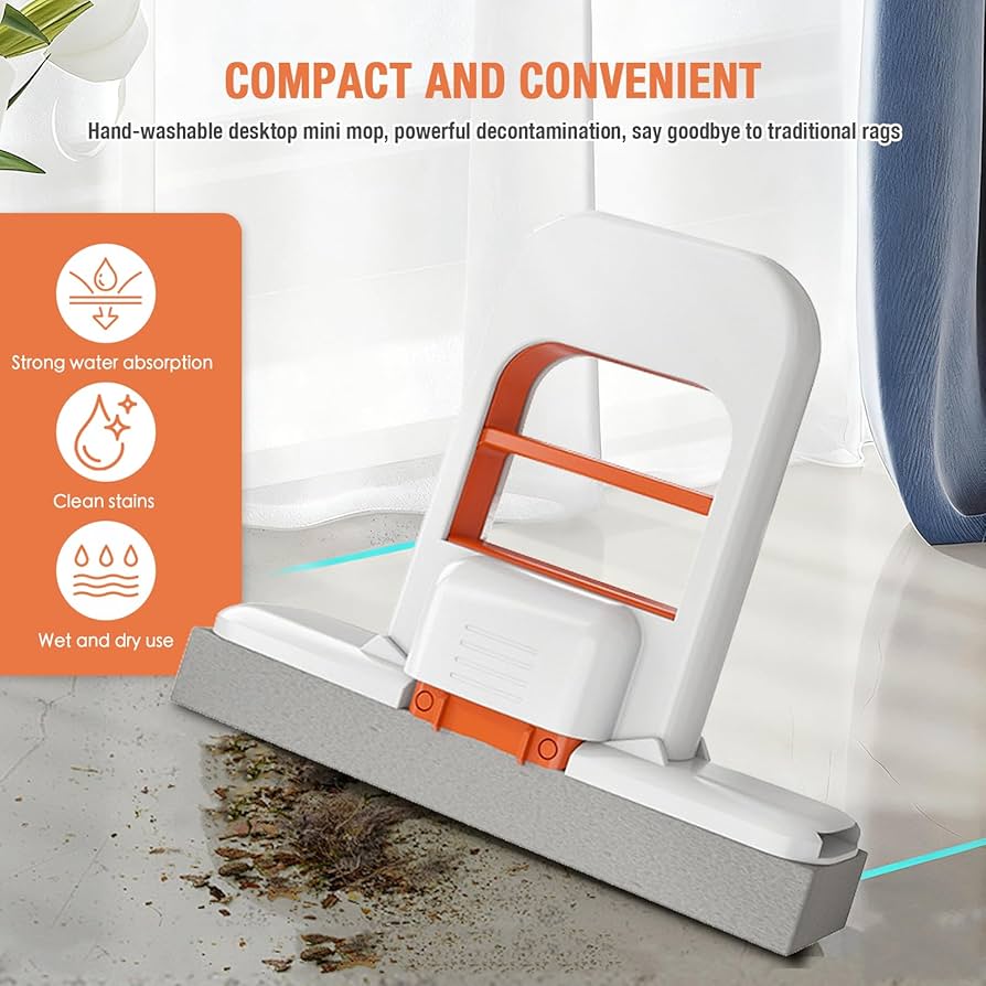 Foldable Mini Mop | Portable Desktop Wet & Dry Cleaning Mop | Self‑Squeezing Mop for Kitchen, Bathroom, Car & Glass